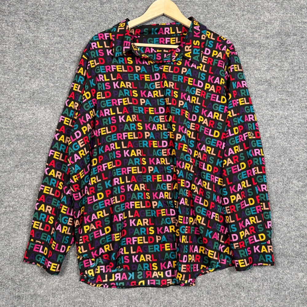Karl Lagerfeld Womens Shirt Blouse‎ Black Monogram All Over Print Art to Wear